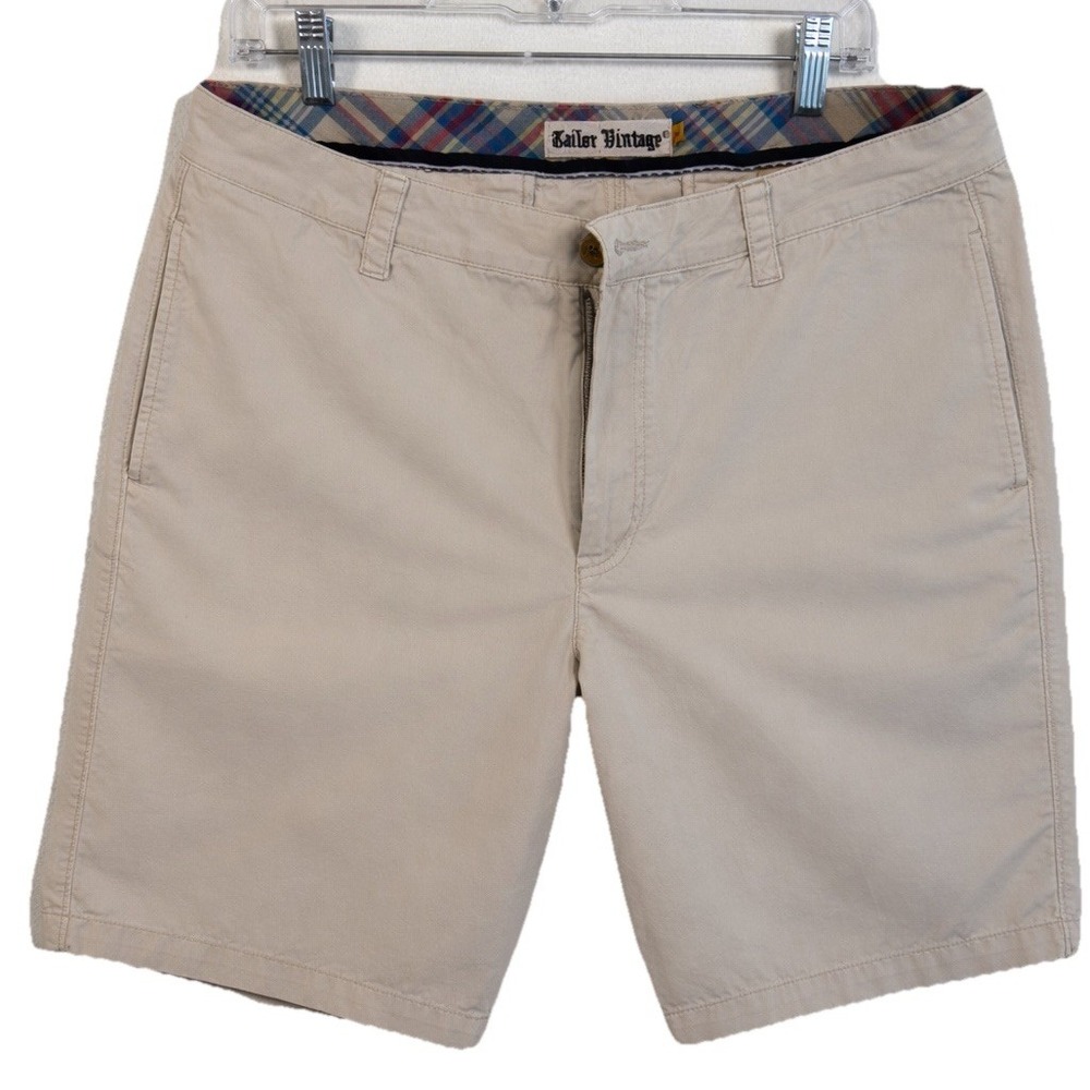 Tailor Vintage Mens Shorts Size 36 Tan Cotton Plaid Lined Trim, Khaki Chino